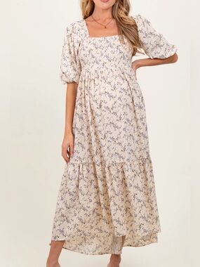 NWT Pinkblush - Ivory Floral Smocked Hi-Low Puff Sleeve Maternity Maxi - Small